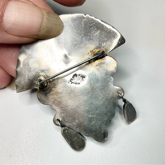 Vtg Mexican Sterling Green Onyx Mayan Warrior Large Brooch Pin - Picture 6 of 7